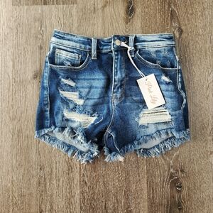 Pink Lily High Waist Dark Wash Denim Shorts